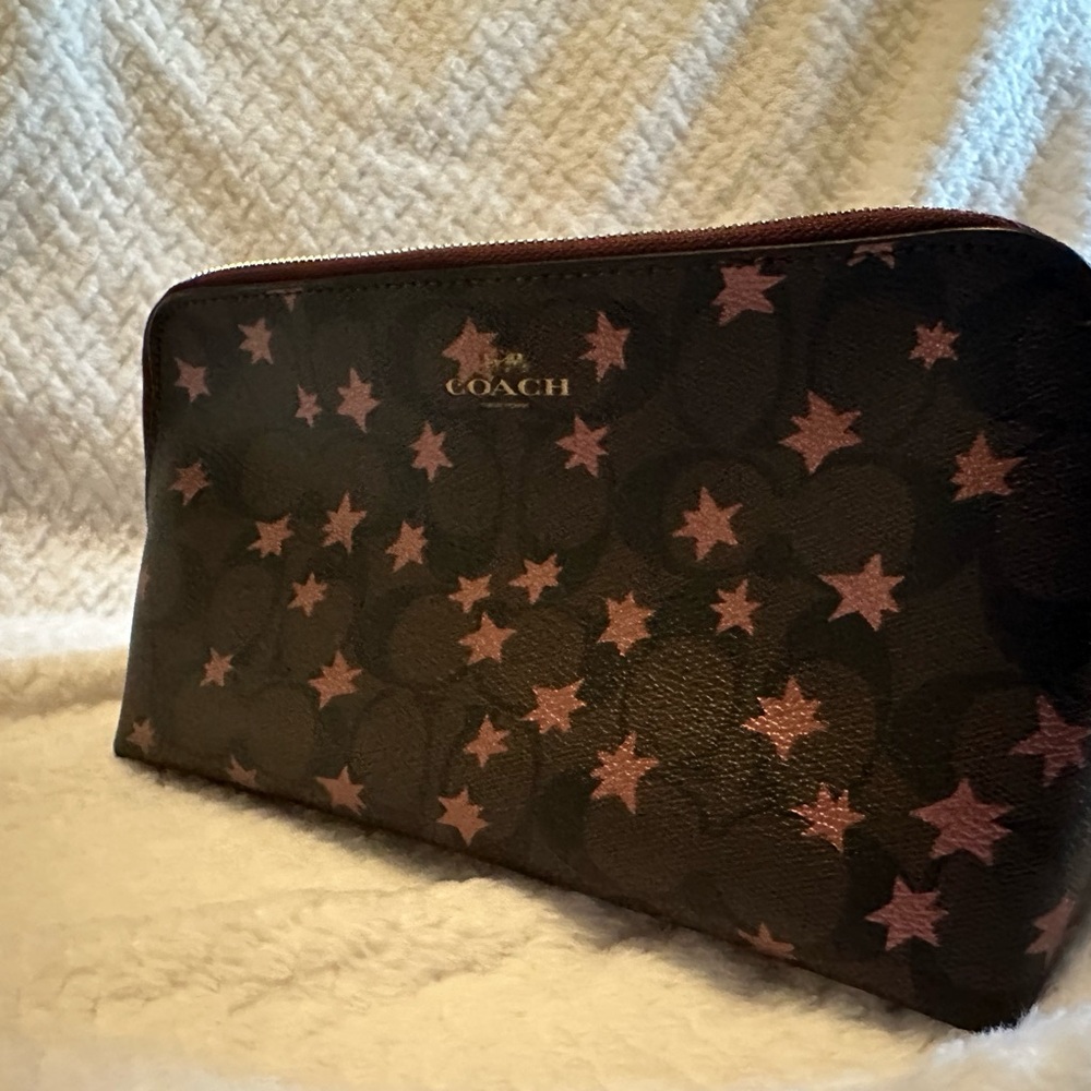 Coach Cosmetic Makeup Bag Home Travel Case in Black Leather star Print